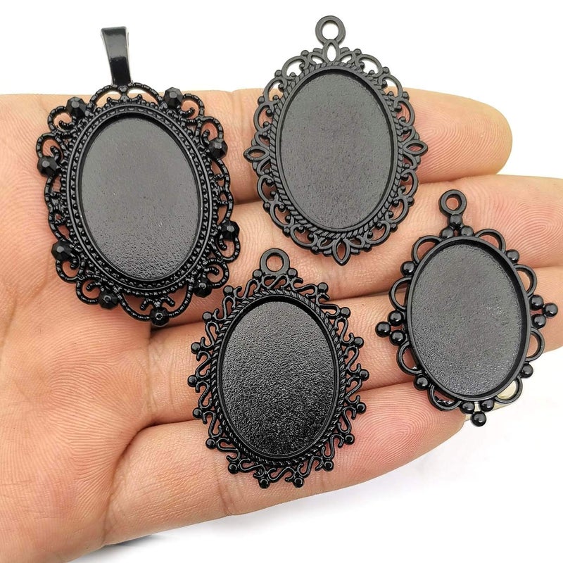 Youdiyla 16 Sets 18x25mm Photo Pendant Trays Kits with Matching Glass Cabochon, Black Tone, Base Setting Blank Bezel Frame Cameo (HM181) - Image 2